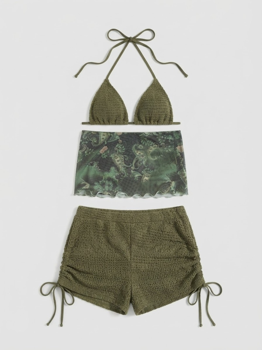 Olive Green Crochet Triangle Bikini Set with Mesh Cover-Up